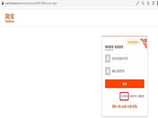 Lấy lại mật khẩu bằng cách bấm vào dòng chữ như trên hình