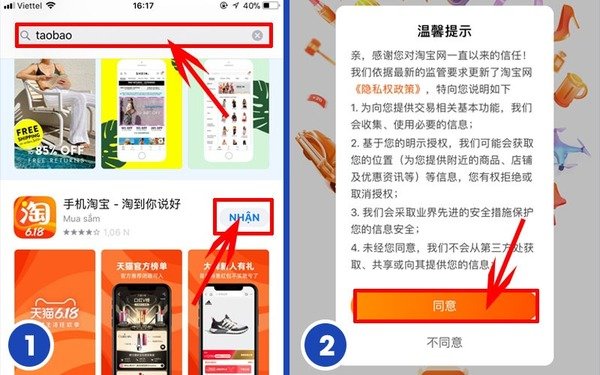 Tải Taobao và chấp nhận điều khoản để tiến hành đăng ký/đăng nhập