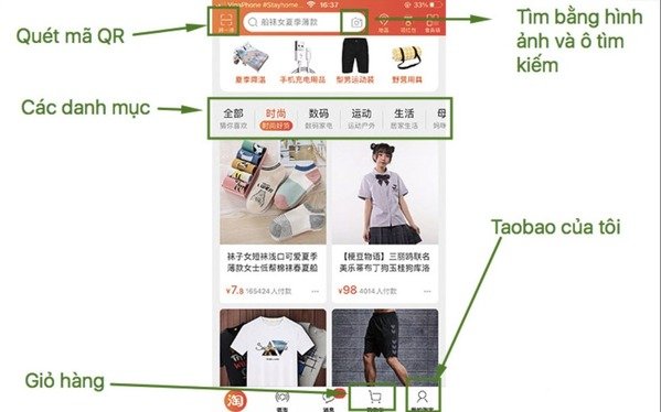 Tìm kiếm sản phẩm bằng hình ảnh hoặc ô tìm kiếm trên giao diện Taobao