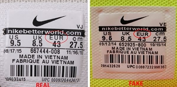 Nike thật, chữ EUR hoặc US sẽ cao hơn so với UK và cm