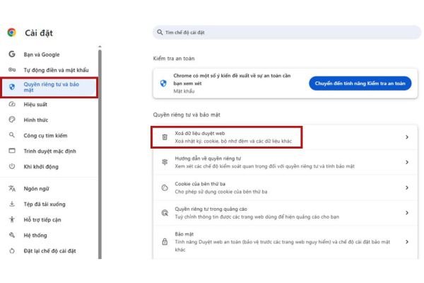 X&oacute;a dữ liệu tr&igrave;nh duyệt web tại mục &ldquo;Quyền ri&ecirc;ng tư v&agrave; bảo mật&rdquo;
