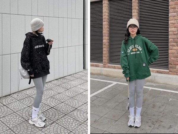 Áo hoodie và quần legging mix cùng giày thể thao năng động