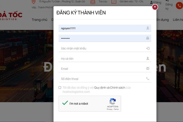 Đăng nhập/đăng ký tài khoản tại trang chủ của Hỏa Tốc Logistics