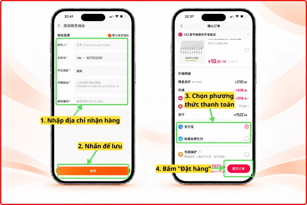 Nhập địa chỉ giao hàng và chọn phương thức thanh toán phù hợp