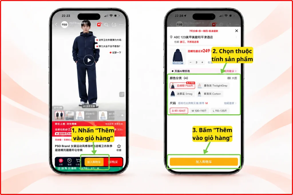 Chọn sản phẩm và thêm vào giỏ hàng của Tmall