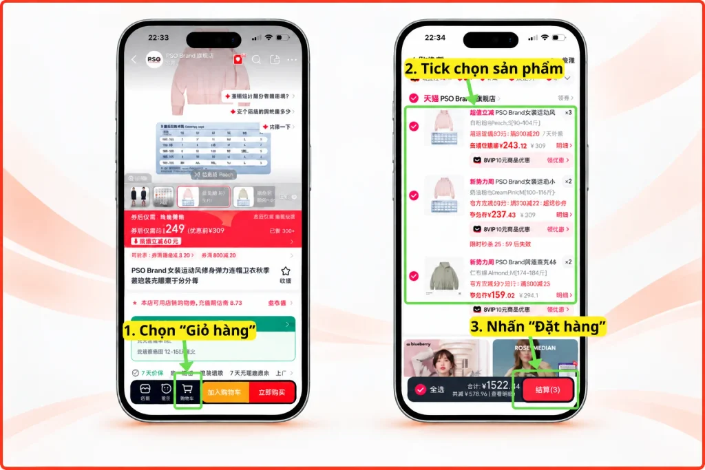 Chọn sản phẩm cần mua trong giỏ hàng và bấm đặt hàng