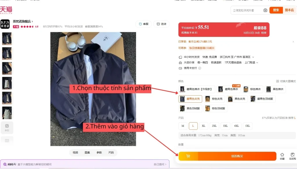 Chọn sản phẩm cần order và thêm vào giỏ hàng