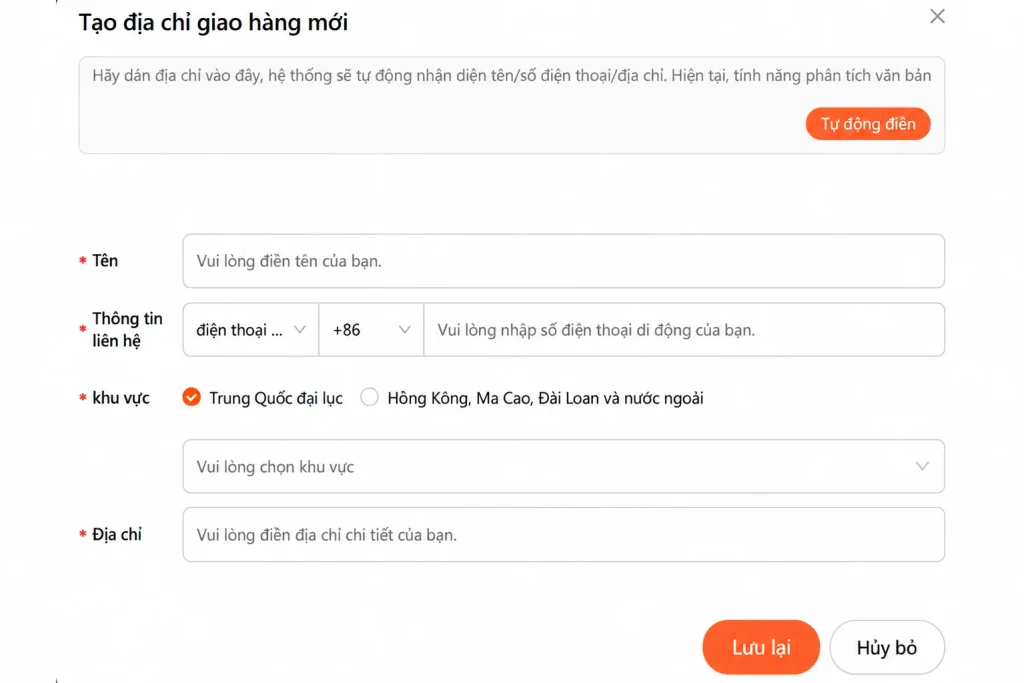Nhập đầy đủ thông tin địa chỉ nhận hàng order 1688